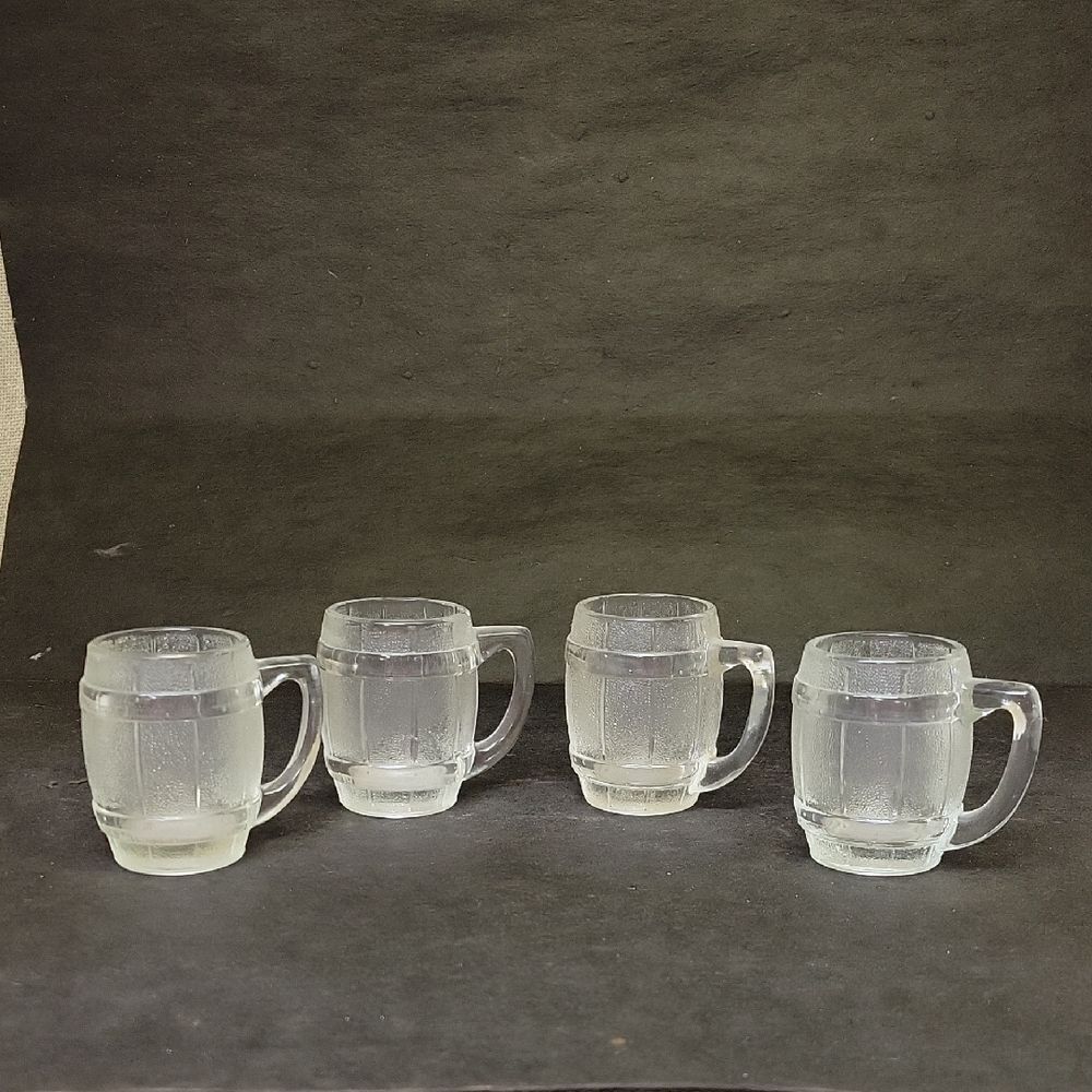 4 Vintage‎ Hazel Atlas Clear Barrel Keg Mug Shot Glass w Handle Texture